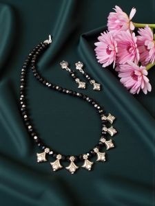 Black Crystal Necklace With Kohlapuri Charms