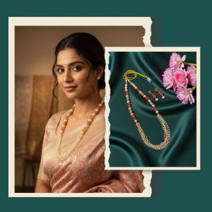 Pearl chains Necklace with peachish pink pumpkin beads