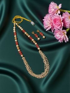 Pearl chains Necklace with peachish pink pumpkin beads