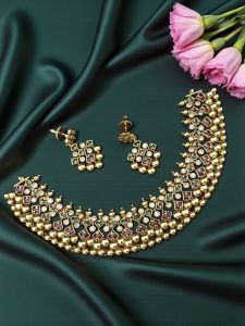 Antique Gold Finish Necklace with Earrings, Pink and Green