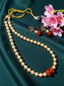 Swarovski Replica Golden Pearl with Reddish Pink Onyx Rondelle Beads with Matching Earrings