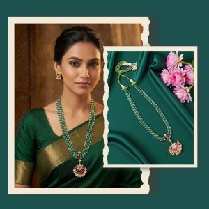 Navrabeads Emerald Green Necklace with Swarovski Pearl & Jadua Pendant | Elegant Designer Pearl Necklace for Women | 20 Inches Rope Finish Festive Jewelry