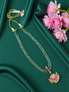 Navrabeads Emerald Green Necklace with Swarovski Pearl & Jadua Pendant | Elegant Designer Pearl Necklace for Women | 20 Inches Rope Finish Festive Jewelry