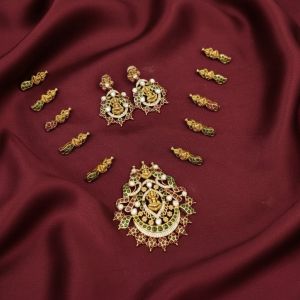 Divine Lakshmi Antique Temple Pendant with Matching Earrings And Side Connectors 