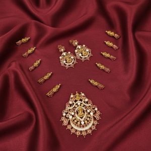 Divine Lakshmi Antique Temple Pendant with Matching Earrings And Side Connectors 