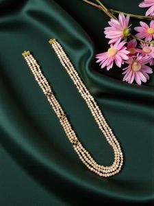 Navrabeads 3 Layer Freshwater Pearl Necklace – Peach with AD Stone Flower | 24 Inches Multi Strand Designer Pearl Jewelry for Women | Back Rope Finish Festive & Bridal Wear