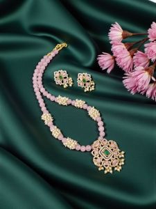 Navrabeads Victorian Pendant Necklace with Monolisa Beads – Pink | 20 Inches Elegant Vintage Designer Jewelry for Women