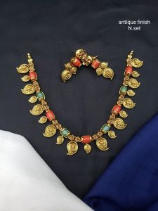Antique Gold Finish Coral Necklace with Earrings 