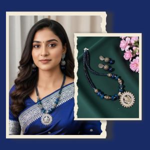 Durga ma Oxidised Silver Pendant With Onyx and Agate Beads with German Silver Spacers, Blue