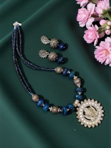Durga ma Oxidised Silver Pendant With Onyx and Agate Beads with German Silver Spacers, Blue