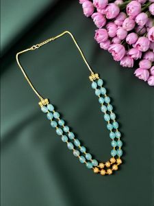 2 Layer Quartz Necklace With Antique Gold Beads, Light Blue
