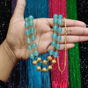 2 Layer Quartz Necklace With Antique Gold Beads, Light Blue