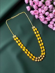 2 Layer Quartz Necklace With Antique Gold Beads, Turmeric Yellow
