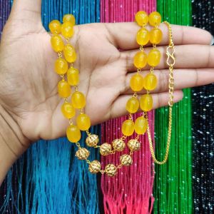 2 Layer Quartz Necklace With Antique Gold Beads, Turmeric Yellow