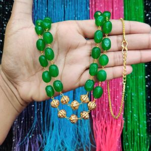 2 Layer Quartz Necklace With Antique Gold Beads, Grass Green