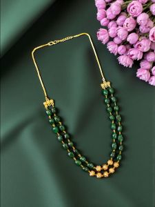 2 Layer Quartz Necklace With Antique Gold Beads, Dark Green