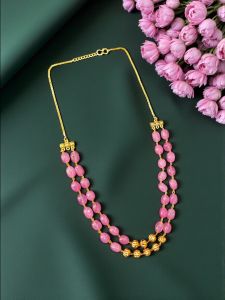 2 Layer Quartz Necklace With Antique Gold Beads, Peachish Pink
