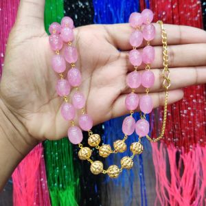 2 Layer Quartz Necklace With Antique Gold Beads, Peachish Pink