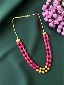 2 Layer Quartz Necklace With Antique Gold Beads,PINK