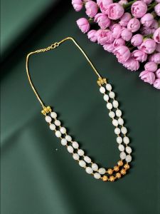 2 Layer Quartz Necklace With Antique Gold Beads, Light Pista Green