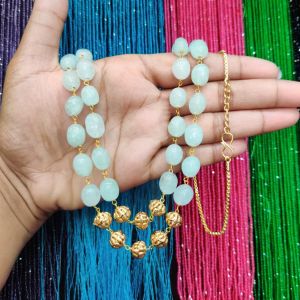 2 Layer Quartz Necklace With Antique Gold Beads, Light Pista Green