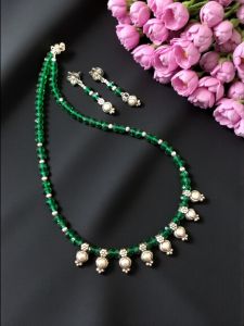 Green Crystal Necklace With Kohlapuri Charms 