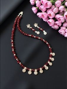 Maroon Crystal Necklace With Kohlapuri Charms 
