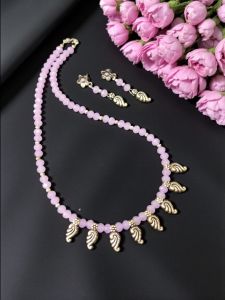 Pink Crystal Necklace With Kohlapuri Charms 