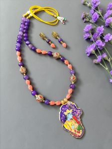 Navrabeads Radha Krishna Hand Painted Pendant Necklace with Agate & Tulip Beads | Spiritual Handcrafted Gemstone Jewelry for Women | Traditional Ethnic Wear