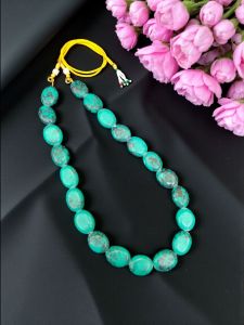 Navrabeads Flat Oval Turquoise Bead Necklace – 18 Inch Gold Rope Finish Gemstone Jewellery | Elegant Boho Ethnic Necklace for Women, Daily & Festive Wear