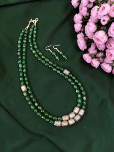 Navrabeads Two Layer Green Quartz Necklace with Silver Replica Spacers – 20 Inch Double Layer Gemstone Jewellery with Hook, Silver Finish | Elegant Ethnic & Party Wear