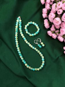 Blue With Green Dual Shade Crackle Bead Necklace Set with Bracelet & Earrings | Matching Jewellery Set for Kids & Adults | Festive, Wedding & Party Wear | Custom Sizes Available