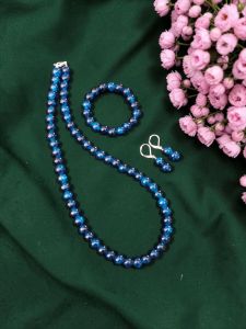 Peacock Blue Dual Shade Crackle Bead Necklace Set with Bracelet & Earrings | Matching Jewellery Set for Kids & Adults | Festive, Wedding & Party Wear | Custom Sizes Available