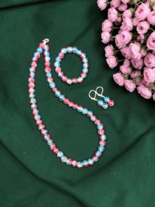 Blue With Red Dual Shade Crackle Bead Necklace Set with Bracelet & Earrings | Matching Jewellery Set for Kids & Adults | Festive, Wedding & Party Wear | Custom Sizes Available