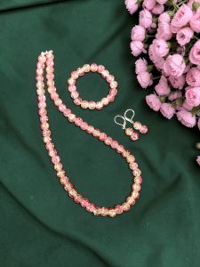 Yellow With Pink Dual Shade Crackle Bead Necklace Set with Bracelet & Earrings | Matching Jewellery Set for Kids & Adults | Festive, Wedding & Party Wear | Custom Sizes Available