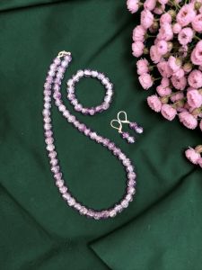 Purple Dual Shade Crackle Bead Necklace Set with Bracelet & Earrings | Matching Jewellery Set for Kids & Adults | Festive, Wedding & Party Wear | Custom Sizes Available