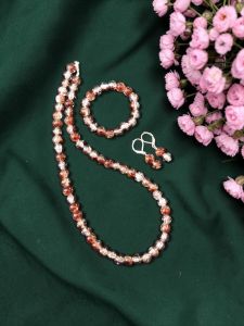 Dark Brown Dual Shade Crackle Bead Necklace Set with Bracelet & Earrings | Matching Jewellery Set for Kids & Adults | Festive, Wedding & Party Wear | Custom Sizes Available