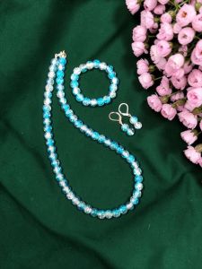 Light Blue With White Dual Shade Crackle Bead Necklace Set with Bracelet & Earrings | Matching Jewellery Set for Kids & Adults | Festive, Wedding & Party Wear | Custom Sizes Available