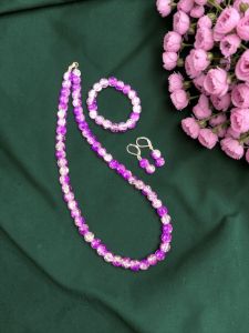 Lavender with White Dual Shade Crackle Bead Necklace Set with Bracelet & Earrings | Matching Jewellery Set for Kids & Adults | Festive, Wedding & Party Wear | Custom Sizes Available