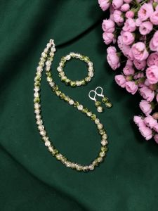 Olive Green Dual Shade Crackle Bead Necklace Set with Bracelet & Earrings | Matching Jewellery Set for Kids & Adults | Festive, Wedding & Party Wear | Custom Sizes Available