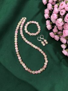 Green with Pink Dual Shade Crackle Bead Necklace Set with Bracelet & Earrings | Matching Jewellery Set for Kids & Adults | Festive, Wedding & Party Wear | Custom Sizes Available