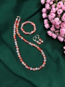 Orange With Blue Dual Shade Crackle Bead Necklace Set with Bracelet & Earrings | Matching Jewellery Set for Kids & Adults | Festive, Wedding & Party Wear | Custom Sizes Available