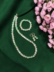 Sea Green Dual Shade Crackle Bead Necklace Set with Bracelet & Earrings | Matching Jewellery Set for Kids & Adults | Festive, Wedding & Party Wear | Custom Sizes Available