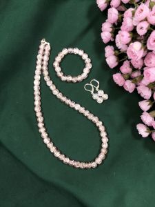 Light Pink with Yellow Dual Shade Crackle Bead Necklace Set with Bracelet & Earrings | Matching Jewellery Set for Kids & Adults | Festive, Wedding & Party Wear | Custom Sizes Available