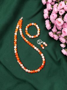 Reddish Orange Dual Shade Crackle Bead Necklace Set with Bracelet & Earrings | Matching Jewellery Set for Kids & Adults | Festive, Wedding & Party Wear | Custom Sizes Available