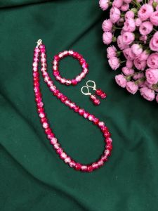 Pink Dual Shade Crackle Bead Necklace Set with Bracelet & Earrings | Matching Jewellery Set for Kids & Adults | Festive, Wedding & Party Wear | Custom Sizes Available
