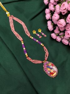 Navrabeads Radha Krishna Hand Painted Pendant Necklace with Agate Beads | Spiritual Handcrafted Gemstone Jewelry for Women | Traditional Ethnic Wear