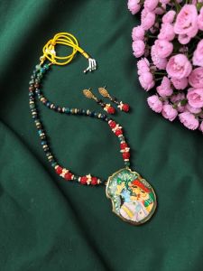 Navrabeads Radha Krishna Hand Painted Pendant Necklace with Peacock Blue Onyx Beads | Spiritual Handcrafted Gemstone Jewelry for Women | Traditional Ethnic Wear
