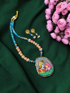 Navrabeads Radha Krishna Hand Painted Pendant Necklace with Square Agate & Japanese Beads | Spiritual Handcrafted Gemstone Jewelry for Women | Traditional Ethnic Wear