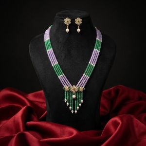 Navrabeads Lavender & Green CZ Beads Necklace with Kundan Pendant – 18 Inch Elegant Traditional Beaded Jewellery | Festive, Wedding & Party Wear for Women